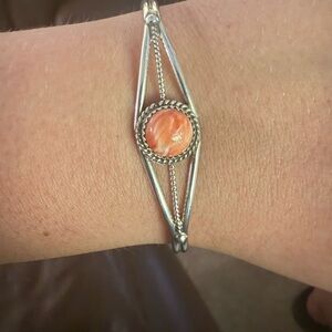 Navajo Sterling Silver and Spiny Oyster Bracelet Signed By E.W.